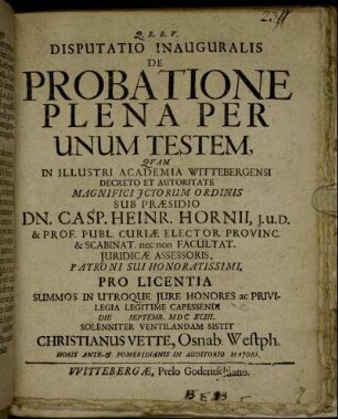 Disputatio Inauguralis De Probatione Plena Per Unum Testem