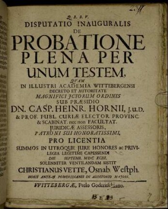 Disputatio Inauguralis De Probatione Plena Per Unum Testem