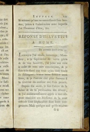 Réponse d'Helvetius a Hume.