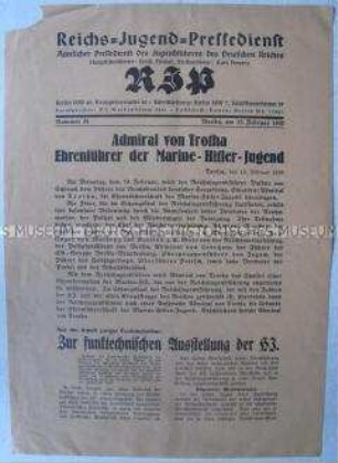 Mitteilungsblatt der Reichsjugendführung zur Ernennung von Admiral von Trotta zum Ehrenführer der Marine-Hitler-Jugend