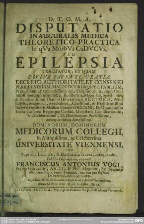 Disputatio Inauguralis Medica Theoretico-Practica In qua Morbus Caducus, Seu Epilepsia Tractatur, ...