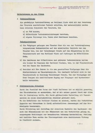 Stadttheater, Heilbronn: Schriftstück mit Erläuterungen zu den Plänen (mehrseitig)