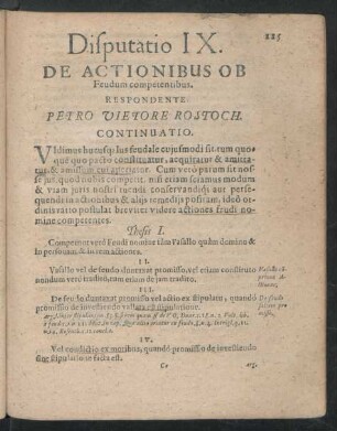 Disputatio IX. De Actionibus Ob Feudum competentibus. Respondente Petro Vietore Rostoch.
