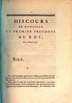 Discours De Monsieur Le Premier President Au Roi, Du 3. Janvier 1753