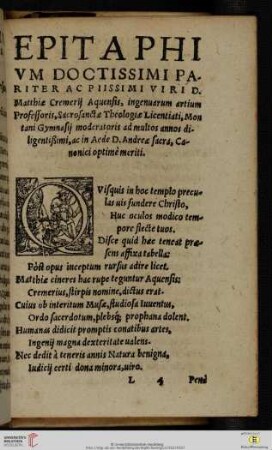 Epitaphivm doctissimi pariter ac piissimi viri D. Matthiæ Cremerij Aquensis