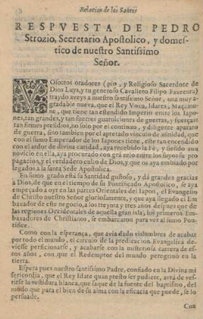 Respuesta de Pedro Strozio, Secretario Apostolico, y demestico de nuesto Santissimo Senor