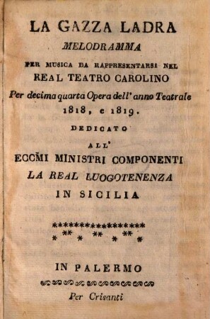 La gazza ladra : Melodramma per musica