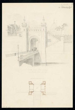 Stadttor mit Zugbrücke Monatskonkurrenz Juni 1834: Grundriss, perspektivische Ansicht; Maßstabsleiste