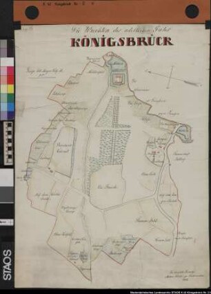 "Die Wrechten des adellichen Gutes Königsbrück": Gutslage, Grenzen, Flurteile mit Flurnamen, Gesamtgröße ("Anlage B". Ausf.-Art: Farbige Zeichnung Herst.: Müller Format: 66 x 49 cm Maßstab: ca. 1 : 2500