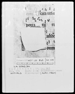Graduale — Rest einer ausgeschnittenen Initiale G (audeamus omnes), Folio 139recto