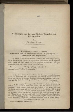 I. Vorlesungen aus der analytischen Geometrie der Kegelschnitte.