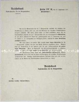 Rundschreiben des Nachrichtenbüros für Kriegsanleihen der Reichsbank an sämtliche deutsche Lichtspielbühnen zur Werbung für die 7. Kriegsanleihe