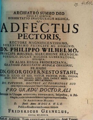 Dissertatio Inauguralis Medica, Qva Adfectus Pectoris