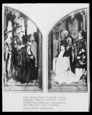 Beweinung Christi — Die Heiligen Maria Magdalena, Caecilia, Jakobus der Ältere, Martin und der Stifter Jacob Maertens
