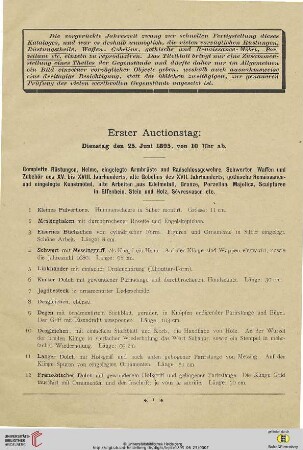 Erster Auctionstag: Dienstag den 25. Juni 1895, von 10 Uhr ab (Nr.1-144)