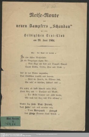 Reise-Route des neuen Dampfers "Schandau" mit dem Helbigschen Scat-Club am 23. Juni 1864