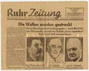 Erste Ausgabe des Nachrichtenblattes der US-Armee "Ruhr Zeitung" zur bedingungslosen Kapitulation Hitler-Deutschlands