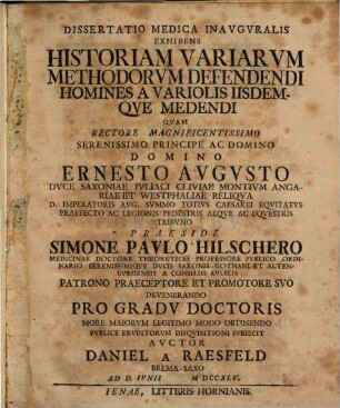 Dissertatio Medica Inavgvralis Exhibens Historiam Variarvm Methodorvm Defendendi Homines A Variolis Iisdemqve Medendi