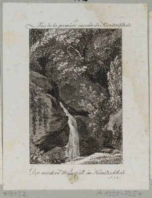 Wasserfall (vorderer Wasserfall) im Kirnitzschtal bei Sebnitz in der Sächsischen Schweiz, aus Brückners "Pitoreskischen Reisen..." um 1800