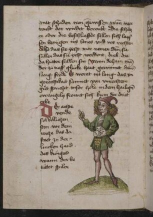 Figur (Der achte vend): (Würfel-)Spieler, Verschwender, Botenläufer, mit Würfeln und Geldmünzen als Attribut