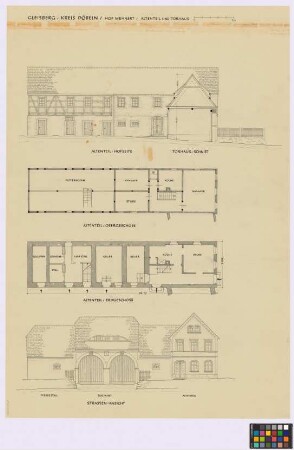 Gleisberg ([Amtshauptmannschaft] Döbeln): Mehnert. - Altenteil (Seiten-Ansicht, Grundriss des Erdgeschosses, Grundriss des Obergeschosses, Giebel-Ansicht). - Torhaus [mit Pferdestall] (Querschnitt, Seiten-Ansicht)