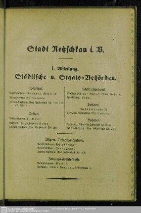 I. Abteilung. Behördenverzeichnis : I. Abteilung. Stadtische u. Staats-Behörden