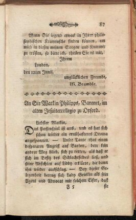 An Sir Watkin Philipps, Baronet, im alten Jesuitercollegio zu Oxford.