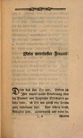 Sendschreiben an den Verfasser der unpartheyischen Beurtheilung des Streites zwischen Platner und Wezel