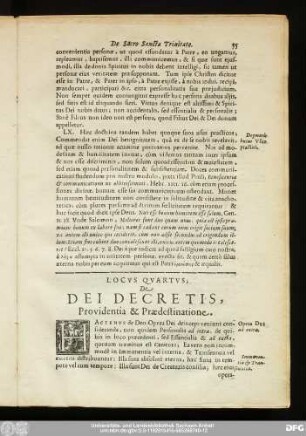 Locus Quartus; De Dei Decretis, Providentia & Praedestinatione.