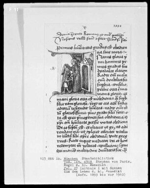 Stephan von Paris, Auslegung der Regel des heiligen Benedikt — Initiale I, darin Benedikt erhält das Mönchsgewand, Folio 27recto
