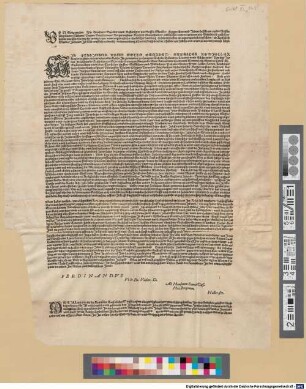 ... Gotts gnaden Wir Bernhartt Erwelter vnnd Bestettigter des Stiffts Munster, fuegen allen vnnd Jedenn desselbenn vnsers Stuffts Ammptleuten, ... vndersassen vnnd verwanten wes Standts die auch sein, hiemit zuwissen, das vns fur wenig tagen, ... zugetragen habenn sollenn, ein Keyserlich Mandat Jnsinuirt Jst, Mit ernstlichem beuelch, bei vermeidung schwerer straff, daruber zuhalten, ... : Geben zu Ahaus ... Jm Jar vnsers Hern funffzehenhundert vier vnnd Sechgzig am zehenten Aprilis