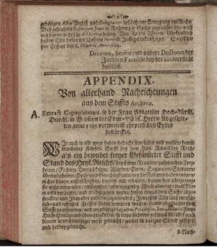 Appendix. Von allerhand Nachrichtungen aus dem Stiffts Archivo