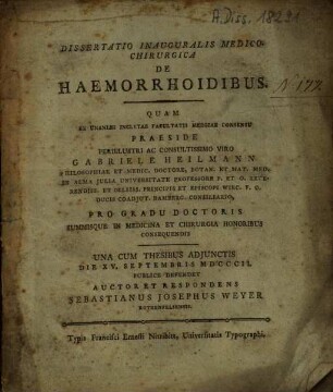 Dissertatio inauguralis medico-chirurgica de haemorrhoidibus : una cum thesibus adiunctis