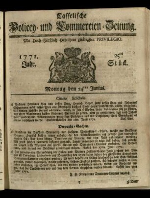 25tes Stueck, Montag den 24ten Junius 1771