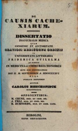 De causis cachexiarum : Dissertatio inauguralis medica