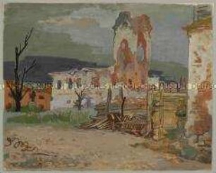 Deutscher Spähtrupp vor einer Kirchenruine in einem zerstörten Ort