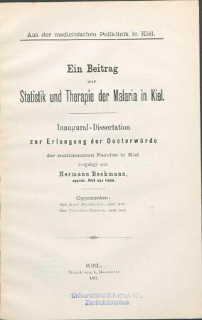 Ein Beitrag zur Statistik und Therapie der Malaria in Kiel