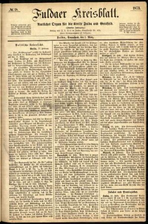 Ausgabe vom Samstag, den 01. März 1873.