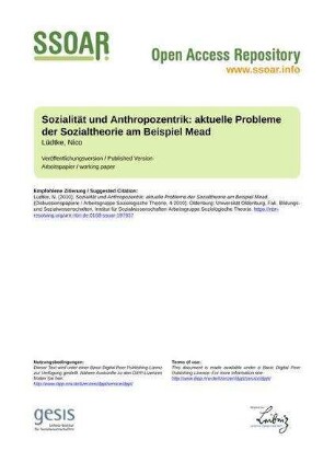 Sozialität und Anthropozentrik: aktuelle Probleme der Sozialtheorie am Beispiel Mead