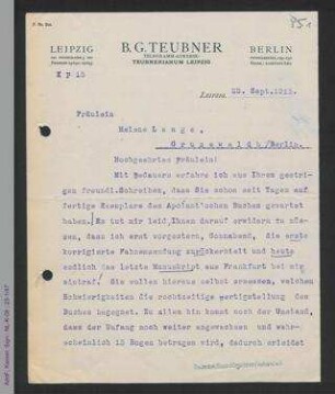 Brief des B.G. Teubner Verlags an Helene Lange