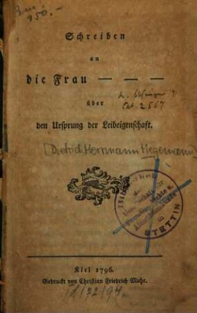 Schreiben an die Frau ... über den Ursprung der Leibeigenschaft