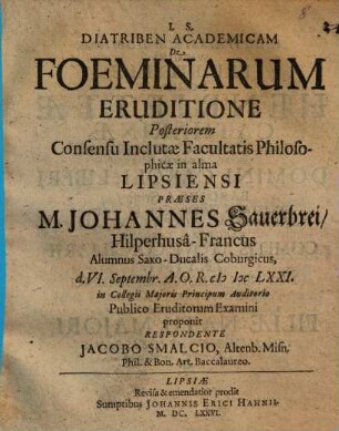Diatriben academicam de foeminarum eruditione posteriorem