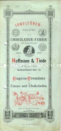 Preisliste für Schokoladen u.ä. der Firma Hoffmann & Tiede - Sachkonvolut