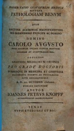 Dissertatio Inauguralis Medica Sistens Pathologiam Renum