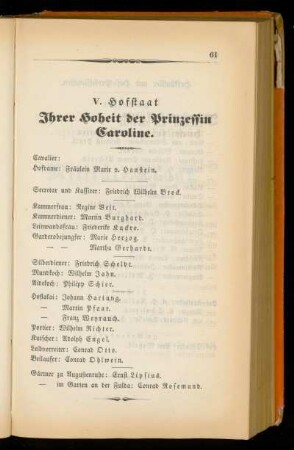 V. Hofstaat Ihrer Hoheit der Prinzessin Caroline.