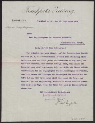 Schreiben an Hermann Muthesius (Brief)