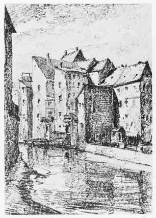Erfurt : Bernkopf, Georg: Erfurt. Alte Wohnhäuser an der Gera. Wohl 1952. Kohlezeichnung, unbezeichnet