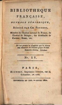 Bibliothèque française : ouvrage périodique. 1. 1800, 4 = Aug.