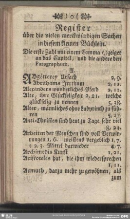 Register über die vielen merckwürdigen Sachen in diesem kleinen Büchlein
