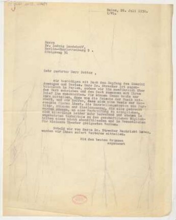 Brief an Ludwig Landshoff : 26.07.1930